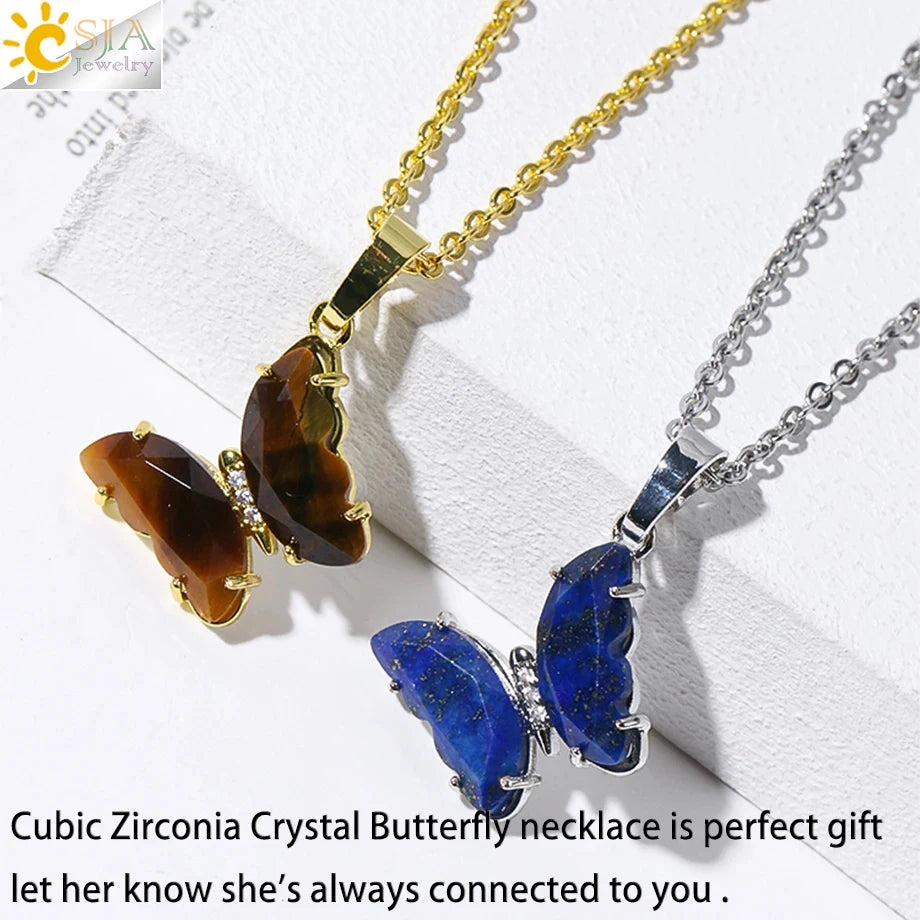 Vintage Crystal Butterfly Necklace Women Stone Amethysts Clear Quartz Pendant