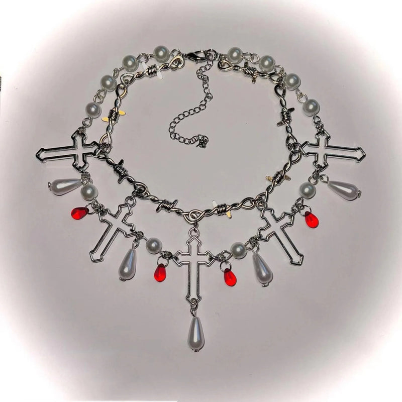 Vintage Crystal Pearl Cross Thorns Choker Necklace for Women