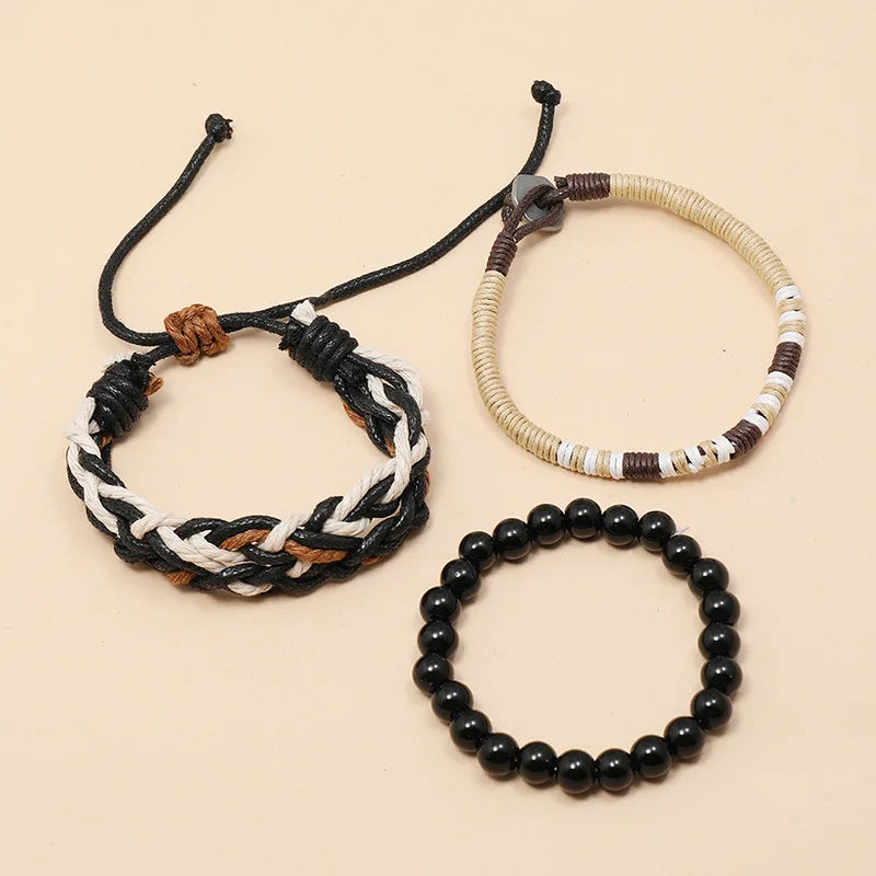 Vintage Nature Stone Beads Braided Bracelet Set 3 Pcs Men Jewelry