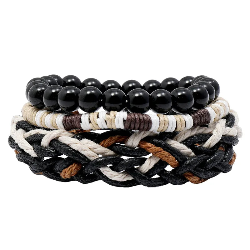 Vintage Nature Stone Beads Braided Bracelet Set 3 Pcs Men Jewelry
