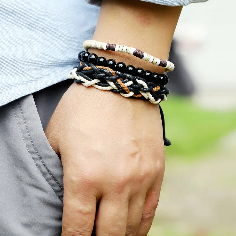 Vintage Nature Stone Beads Braided Bracelet Set 3 Pcs Men Jewelry
