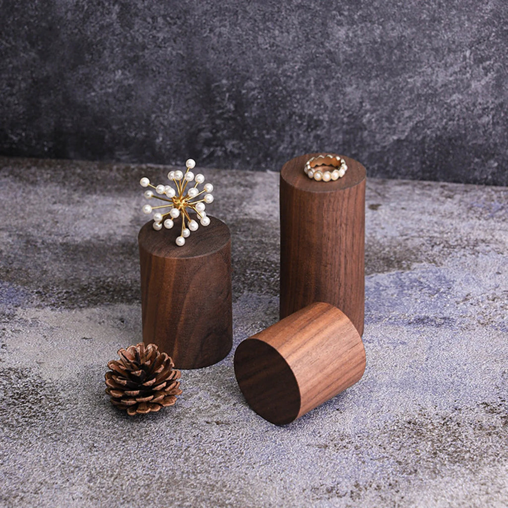 Vintage Dark Brown Cylinder Walnut Wood Jewelry Display Stand