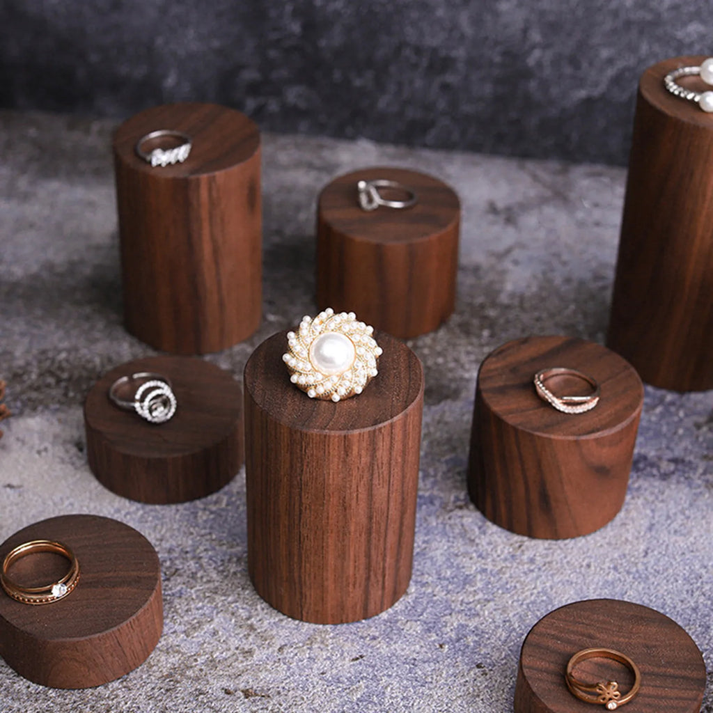 Vintage Dark Brown Cylinder Walnut Wood Jewelry Display Stand
