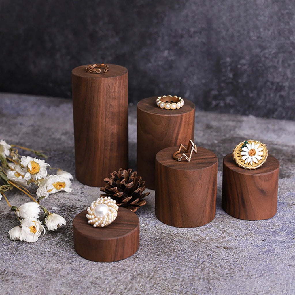 Vintage Dark Brown Cylinder Walnut Wood Jewelry Display Stand