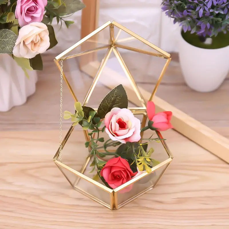 Vintage Glass & Brass Jewelry Chest Geometric Terrarium Window Box