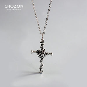 Vintage S925 Sterling Silver Rose Cross Pendant Necklace