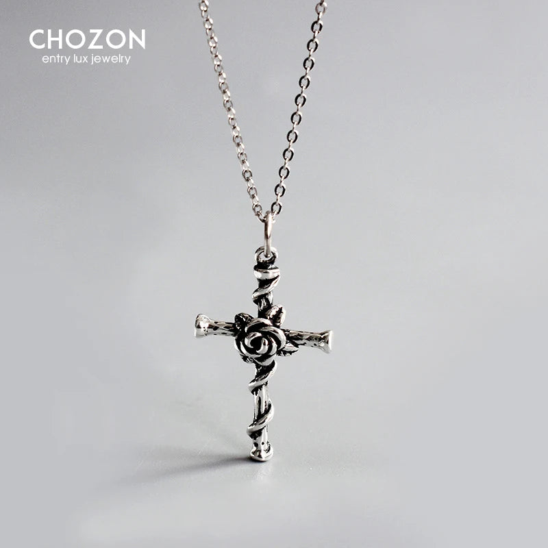 Vintage S925 Sterling Silver Rose Cross Pendant Necklace