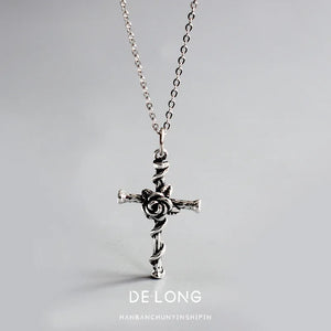 Vintage S925 Sterling Silver Rose Cross Pendant Necklace