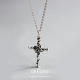 Vintage S925 Sterling Silver Rose Cross Pendant Necklace