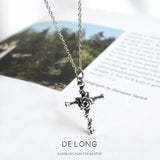 Vintage S925 Sterling Silver Rose Cross Pendant Necklace