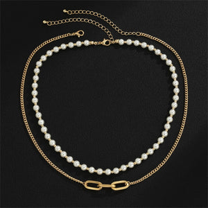 Vintage Double Layer Pearl Necklace Hip Hop Style Geometric Chain Necklace