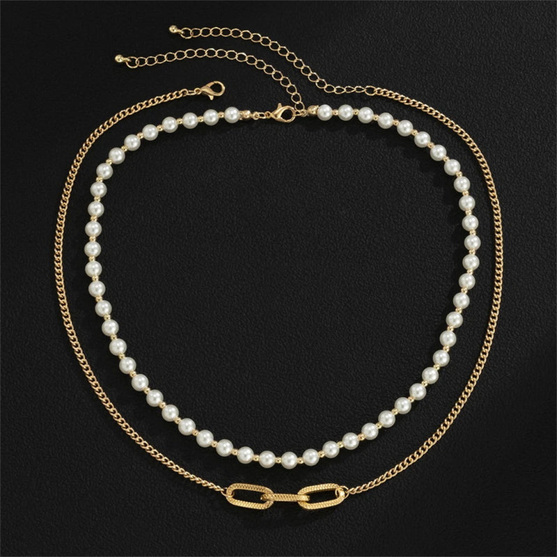 Vintage Double Layer Pearl Necklace Hip Hop Style Geometric Chain Necklace