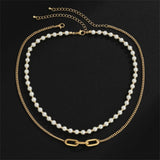 Vintage Double Layer Pearl Necklace Hip Hop Style Geometric Chain Necklace