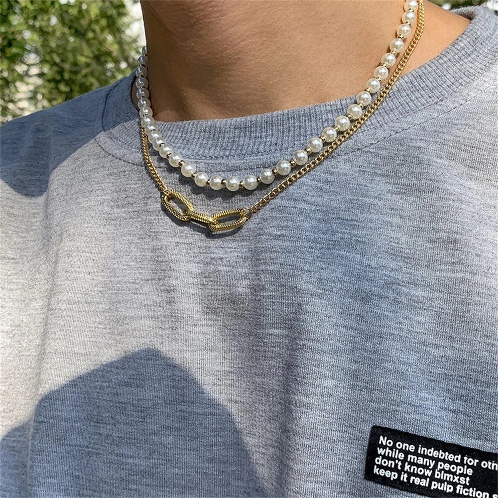 Vintage Double Layer Pearl Necklace Hip Hop Style Geometric Chain Necklace