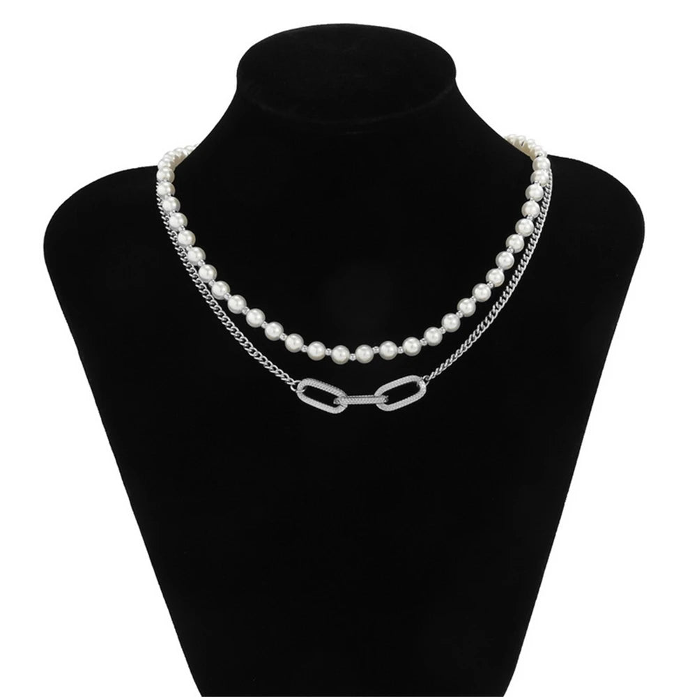 Vintage Double Layer Pearl Necklace Hip Hop Style Geometric Chain Necklace