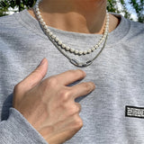 Vintage Double Layer Pearl Necklace Hip Hop Style Geometric Chain Necklace