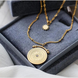 Vintage Double Layers Stainless Steel Baroque Coin Pendant Necklaces