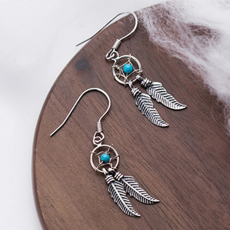 Vintage Dream Catcher Earring 925 Sterling Silver Bead Feather Tassel
