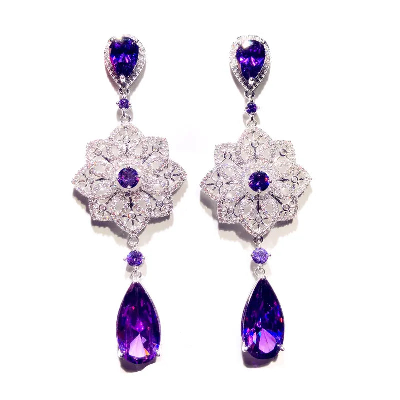 925 Silver Amethyst Drop Earrings with Purple Cubic Zirconia Tassels