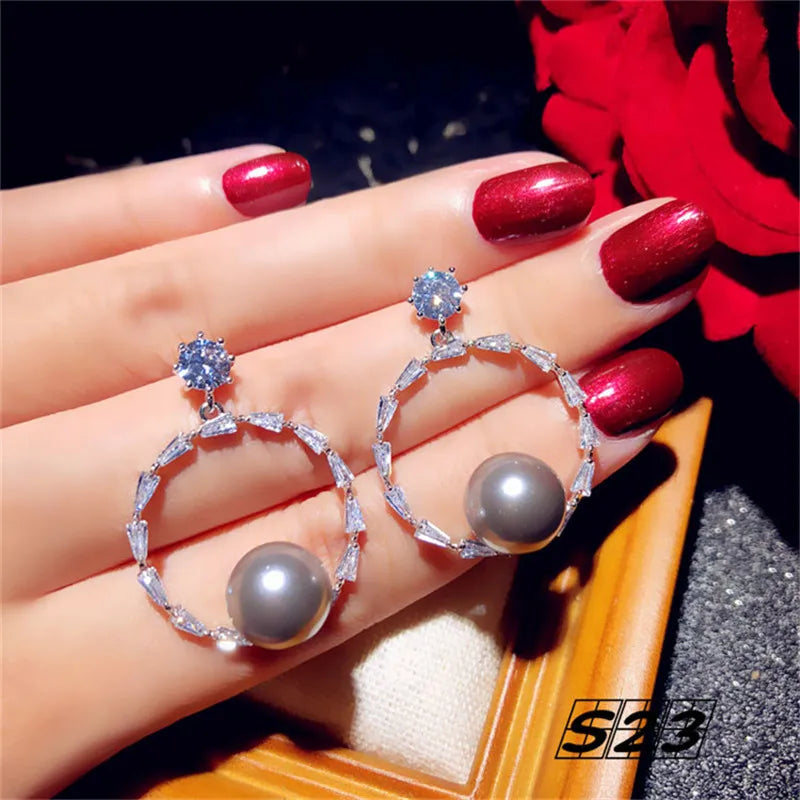 Vintage Dark Gray Pearl Drop Earrings S925 Cubic Zirconia Fine Jewelry