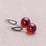 Vintage Red Garnet Drop Earrings 925 Sterling Silver Natural Stone Ball Jewelry