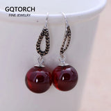 Vintage Red Garnet Drop Earrings 925 Sterling Silver Natural Stone Ball Jewelry