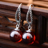 Vintage Red Garnet Drop Earrings 925 Sterling Silver Natural Stone Ball Jewelry