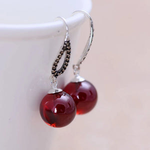 Vintage Red Garnet Drop Earrings 925 Sterling Silver Natural Stone Ball Jewelry