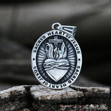 Vintage Stainless Steel Sacred Heart Of Jesus Pendant Necklace