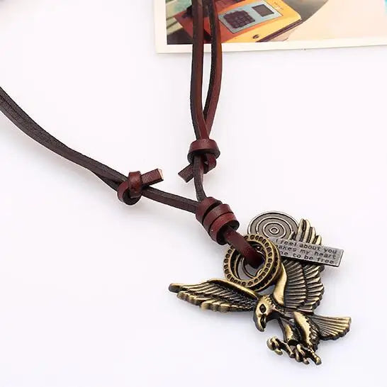 Vintage Eagle Long Necklace Chain Hippie Rock Metal Pendant Retro Rope Leather