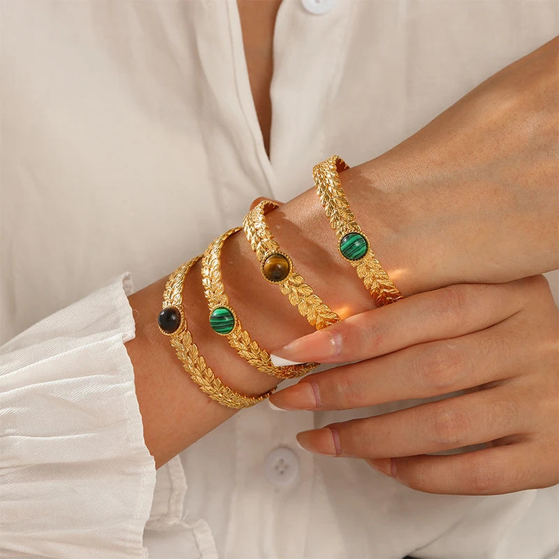 Vintage Wheat Shape Bangles Stainless Steel Stone Inlay Cuff Bracelets