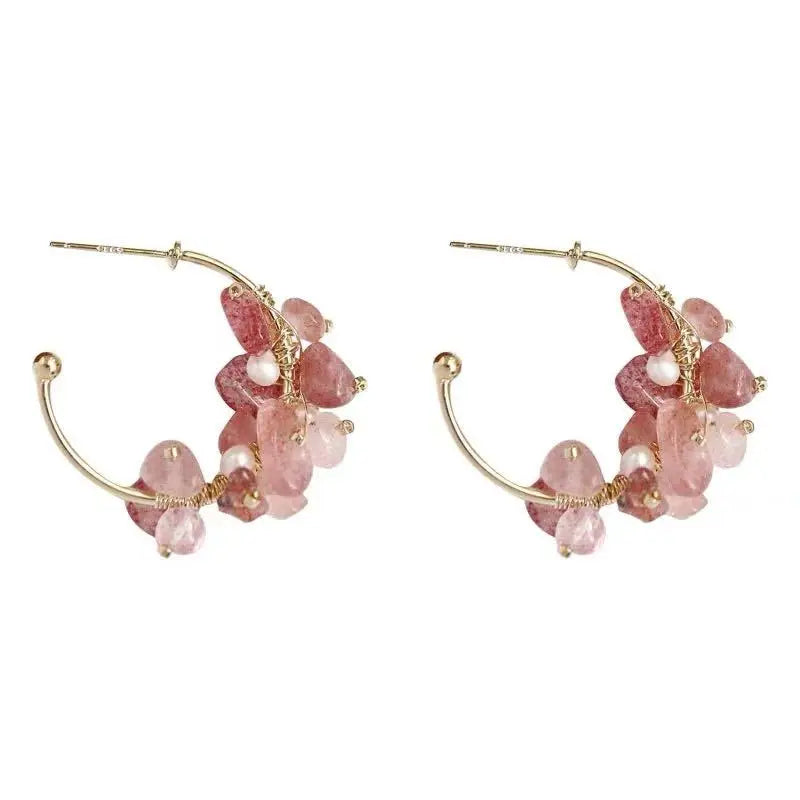 Vintage Earrings Hoops Pearl Strawberry Pink Crystals Romantic Charm