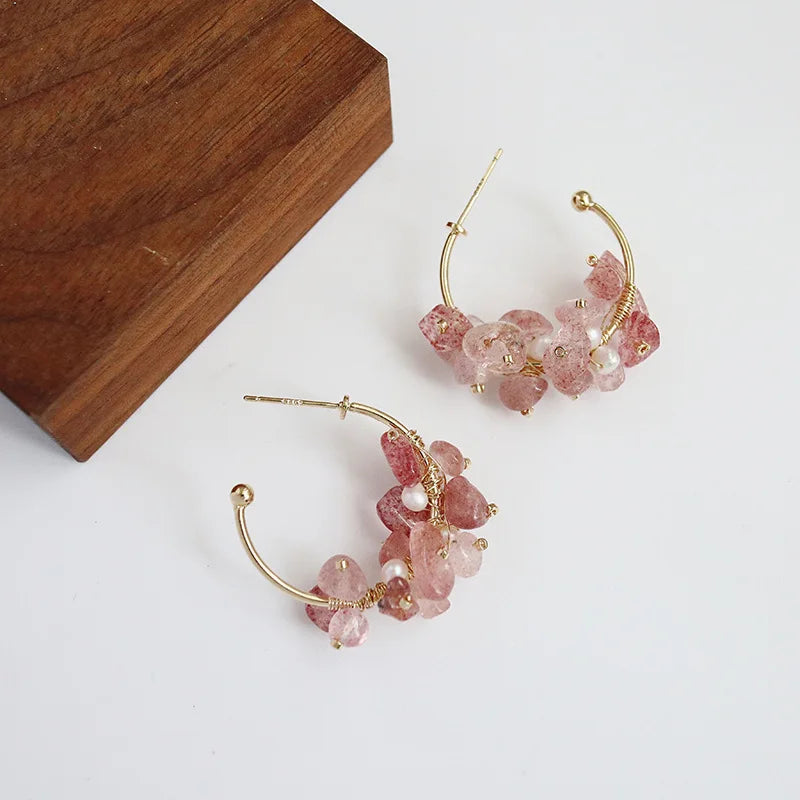 Vintage Earrings Hoops Pearl Strawberry Pink Crystals Romantic Charm