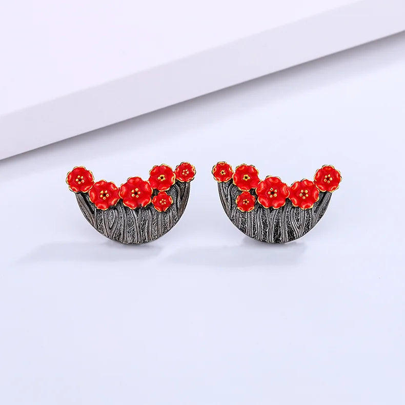Vintage Red Flower Earrings High Jewelry