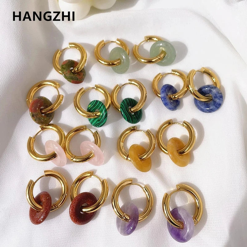 Vintage Green Stone Hoop Earrings Stainless Steel Jewelry