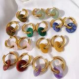 Vintage Green Stone Hoop Earrings Stainless Steel Jewelry