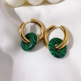 Vintage Green Stone Hoop Earrings Stainless Steel Jewelry