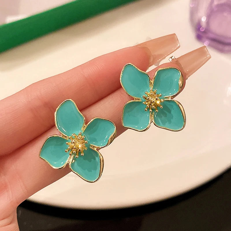 Vintage 14K Plated Flower Enamel Earrings S925 Silver Needle Stud Jewelry