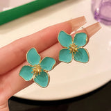 Vintage 14K Plated Flower Enamel Earrings S925 Silver Needle Stud Jewelry