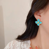 Vintage 14K Plated Flower Enamel Earrings S925 Silver Needle Stud Jewelry
