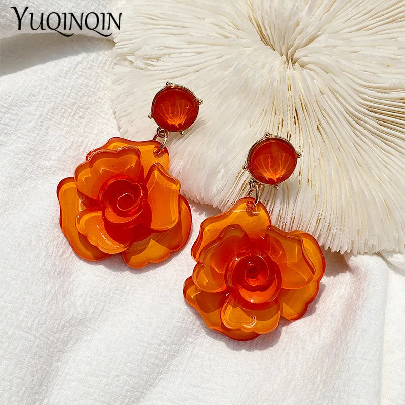 Vintage Acrylic Rose Flower Drop Earrings for Women