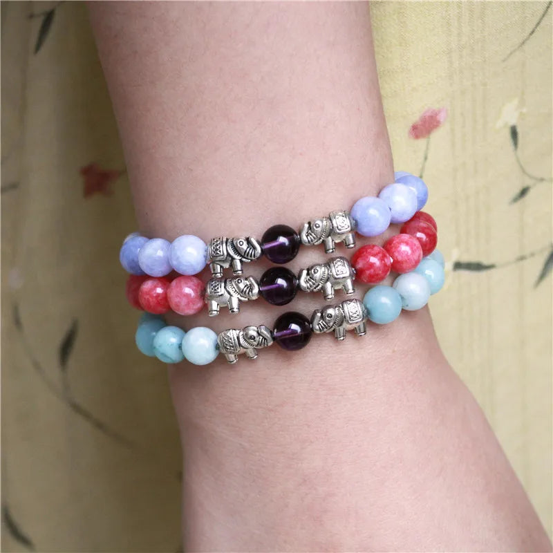 Vintage Elephant Charm Bracelet Natural Stone Angelite Beads Bangles