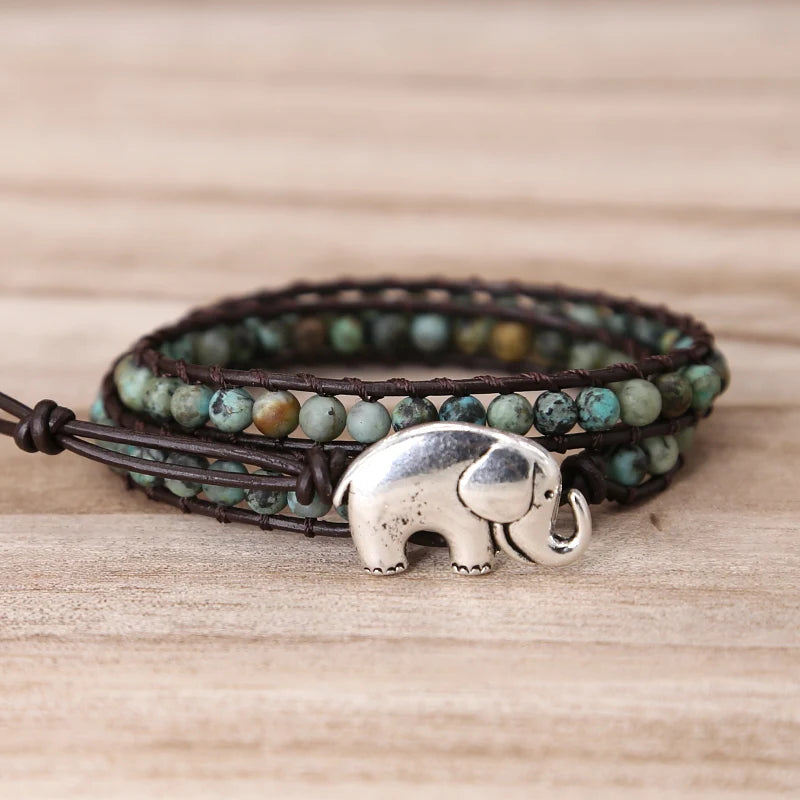 Vintage Elephant Button Leather Bracelet with Natural Stone African Turquoises
