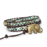 Vintage Elephant Button Leather Bracelet with Natural Stone African Turquoises