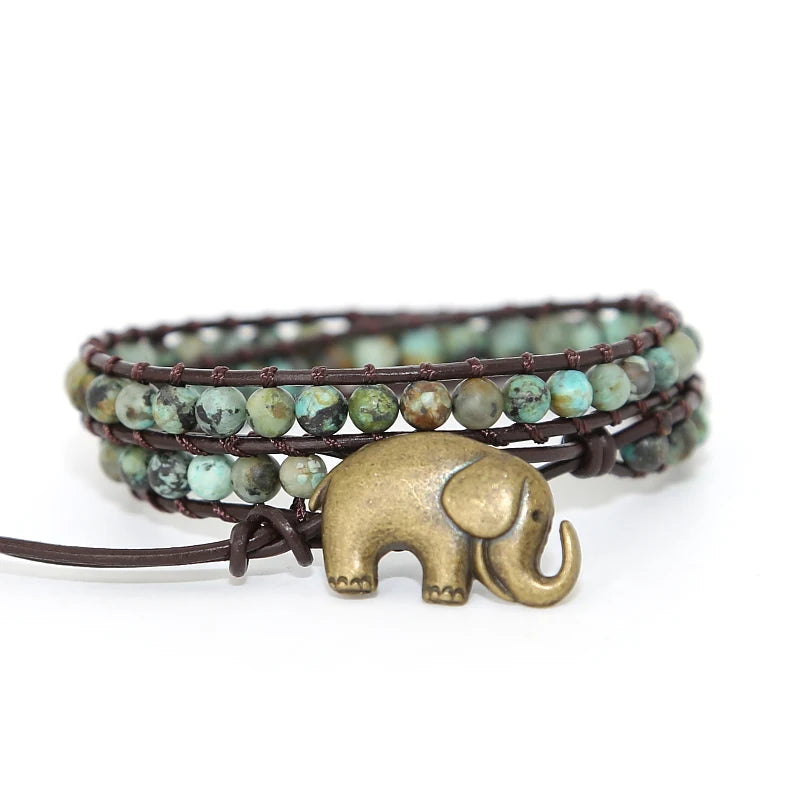 Vintage Elephant Button Leather Bracelet with Natural Stone African Turquoises