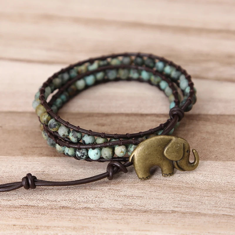 Vintage Elephant Button Leather Bracelet with Natural Stone African Turquoises