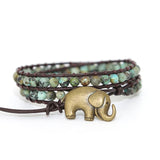 Vintage Elephant Button Leather Bracelet with Natural Stone African Turquoises