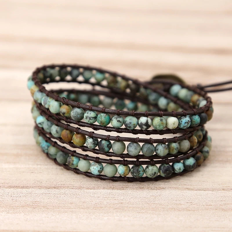 Vintage Elephant Button Leather Bracelet with Natural Stone Turquoises
