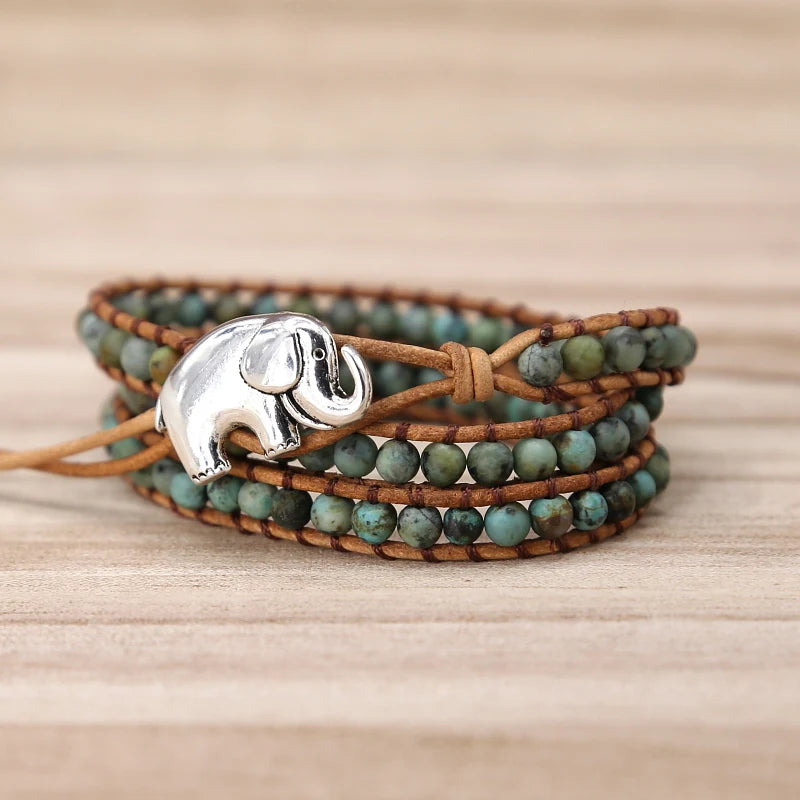 Vintage Elephant Button Leather Bracelet with Natural Stone Turquoises