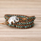 Vintage Elephant Button Leather Bracelet with Natural Stone Turquoises